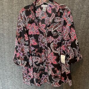 Catherines Shirt Womens 3X Petite‎ 3XWP Black Pink Paisley Roll Tab Stretch Top